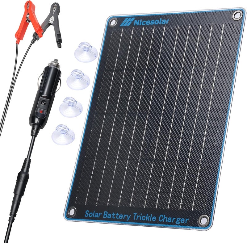 Nicesolar 10W 12V Solar Panel Car Battery Trickle Charger & Maintainer with Cigarette Lighter Plug & Alligator Clip for Car Automotive Motorcycle Boat Marine Snowmobile Watercraft RV - Image 1